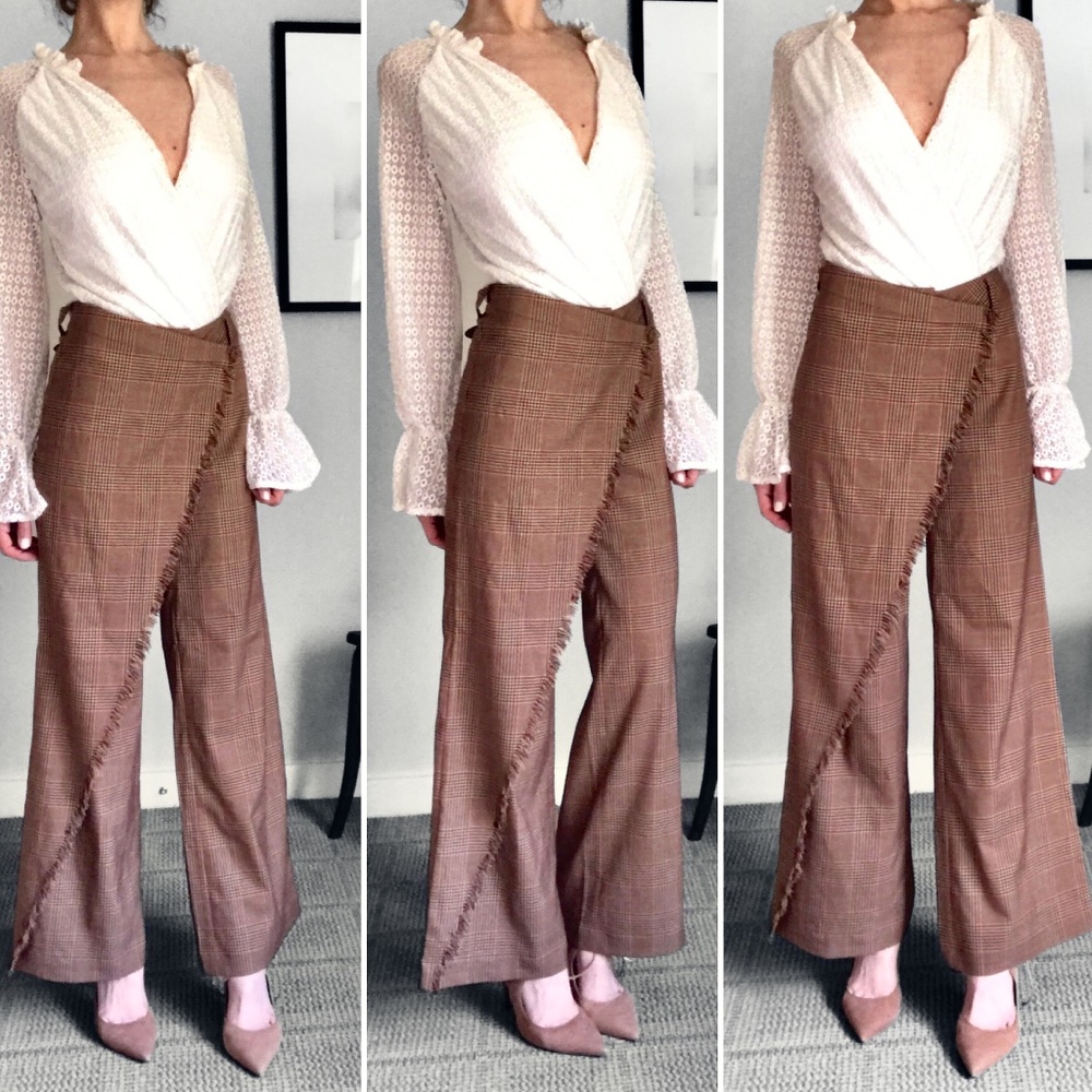 Anthropologie Brown Plaid Wrap-Front Wide-Leg Pants